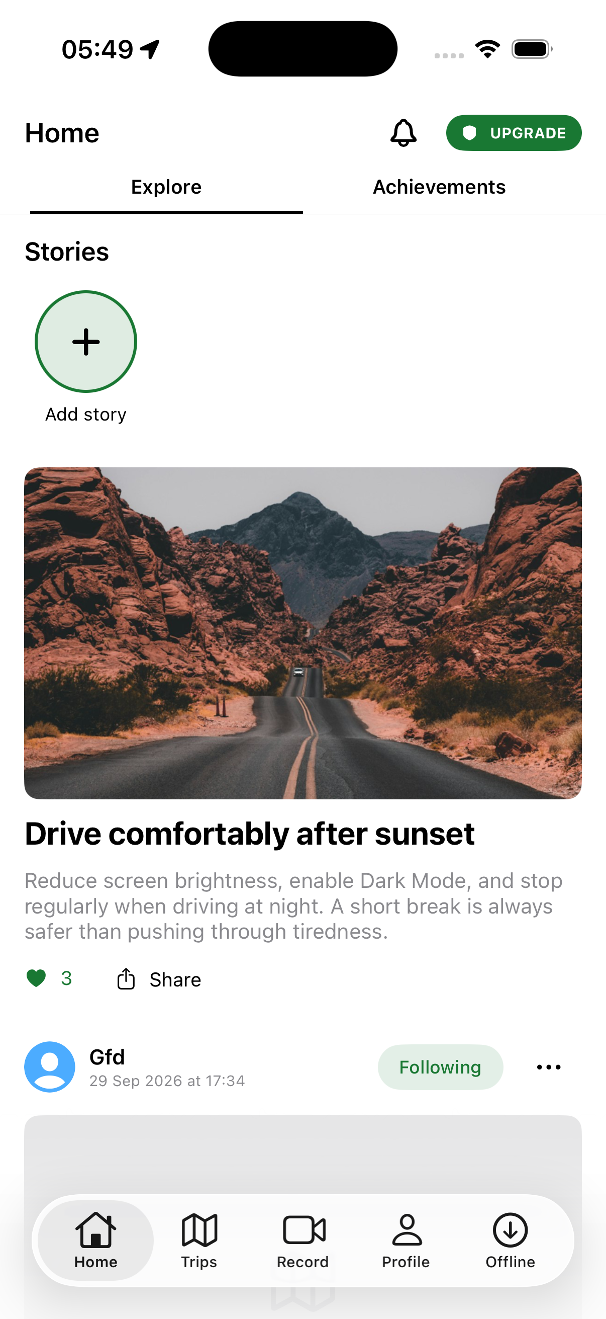 Saafir Explore page showing community stories and trips
